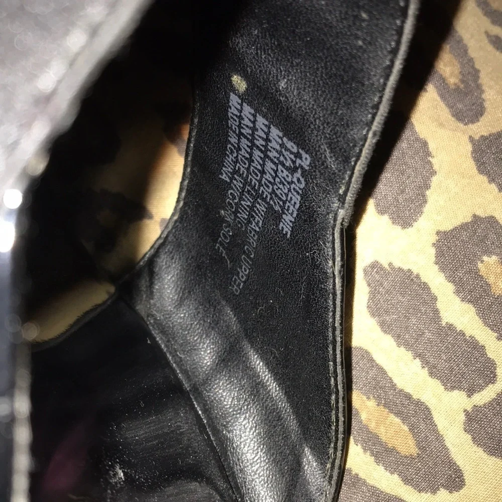 BCBG  size 9.5 black patent leather platform wedges canvas strap silver detail